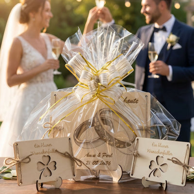 Geldgeschenk Hochzeit personalisiert – Holzkarte mit Eheringen, Namen & Datum