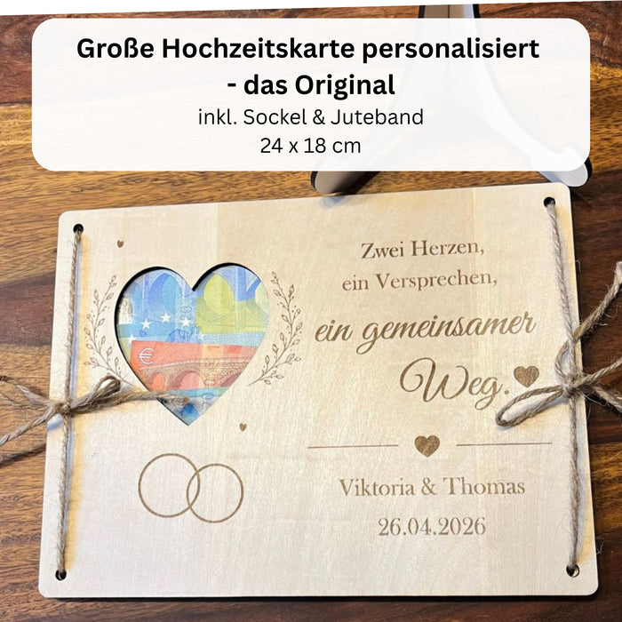 Geldgeschenk Hochzeit personalisiert – Holzkarte „Zwei Herzen" mit Namen & Datum