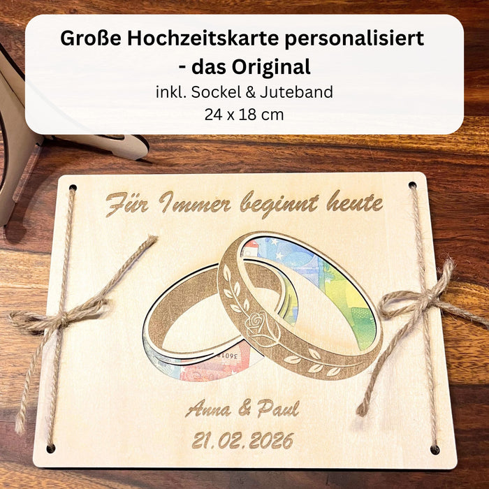 Geldgeschenk Hochzeit personalisiert – Holzkarte mit Eheringen, Namen & Datum