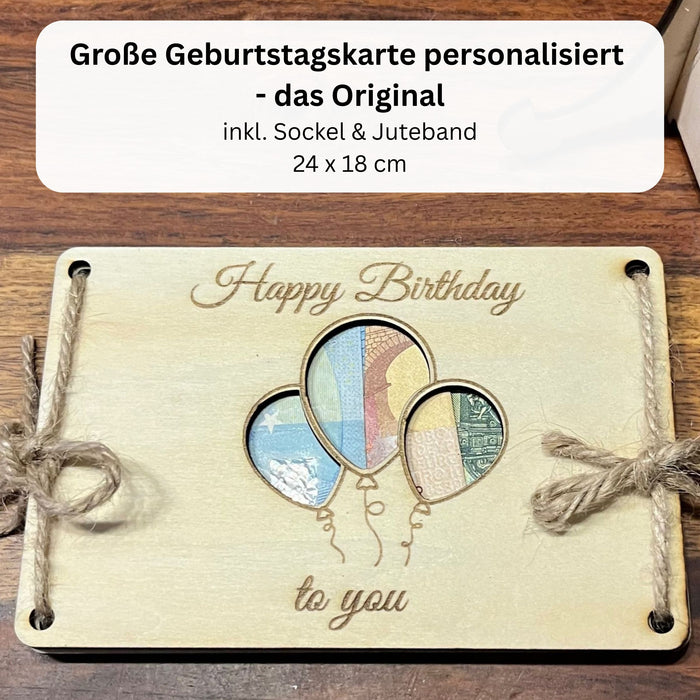 Geldgeschenk Geburtstag personalisiert – Ballon-Holzkarte mit Namen