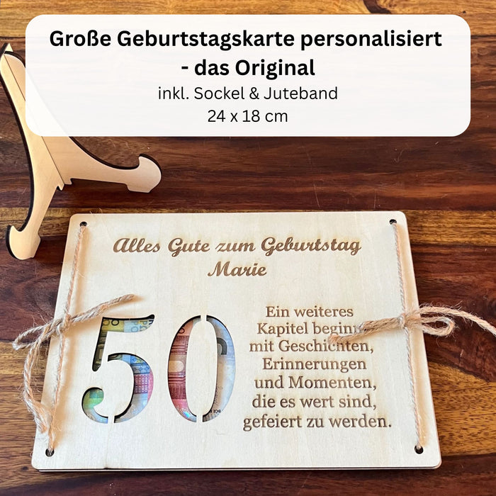 Geldgeschenk Geburtstag 50/60/70 personalisiert – Holzkarte zum Meilenstein