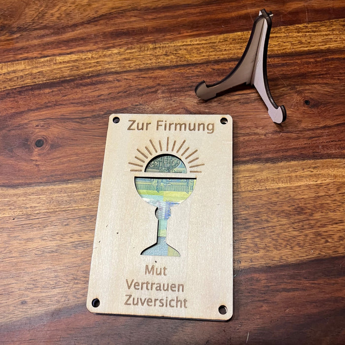 Geldgeschenk Kommunion personalisiert – Holzkarte Kelch & Name