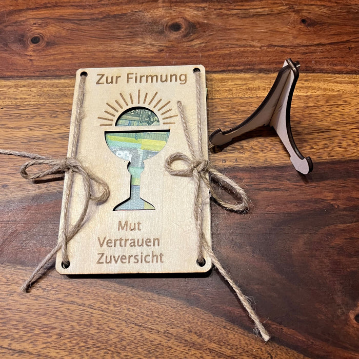 Geldgeschenk Kommunion personalisiert – Holzkarte Kelch & Name