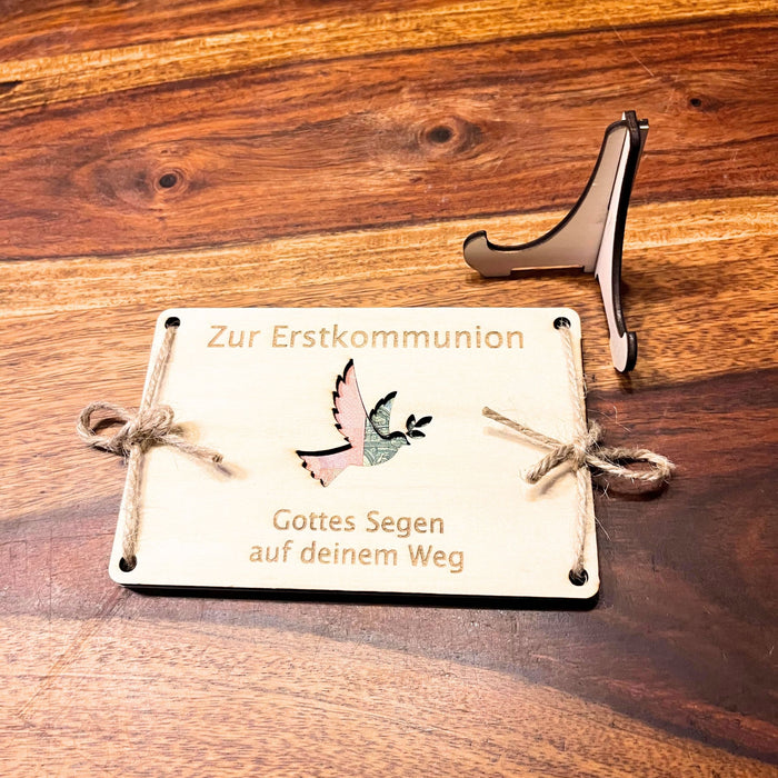 Geldgeschenk Kommunion personalisiert – Holzkarte Taube & Name