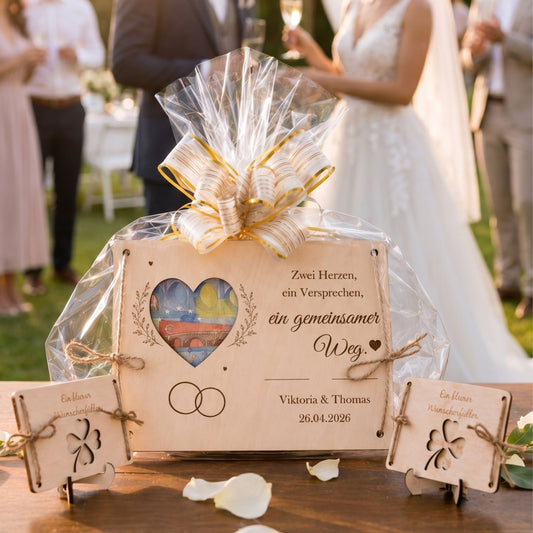 Geldgeschenk Hochzeit personalisiert – Holzkarte „Zwei Herzen" mit Namen & Datum