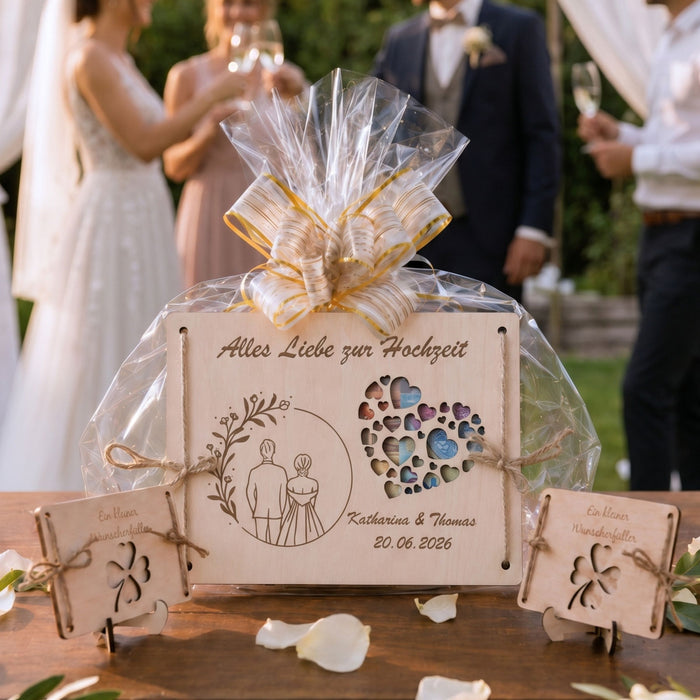 Geldgeschenk Hochzeit personalisiert – Holzkarte Brautpaar mit Namen & Datum