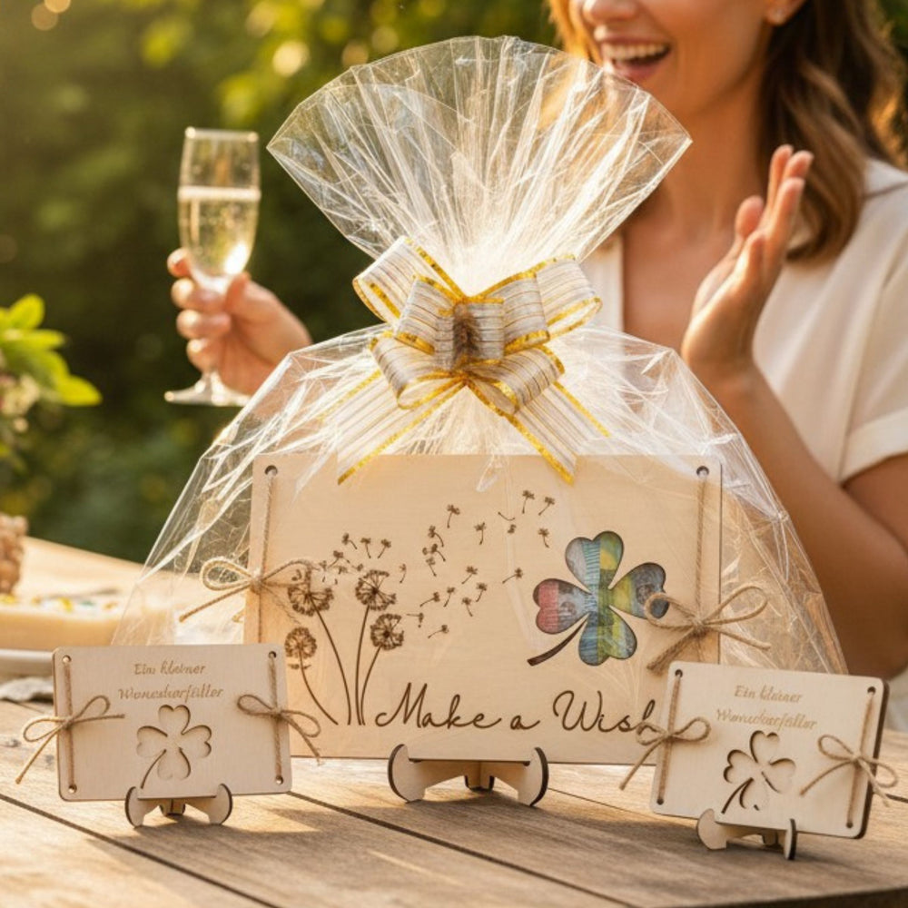 Geldgeschenk Geburtstag personalisiert – Pusteblume-Holzkarte „Make a Wish"