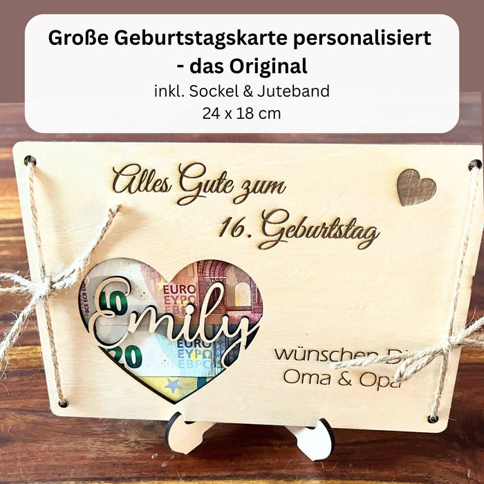 Geldgeschenk Geburtstag personalisiert – Holzkarte mit Namen, Alternative zum Kuvert