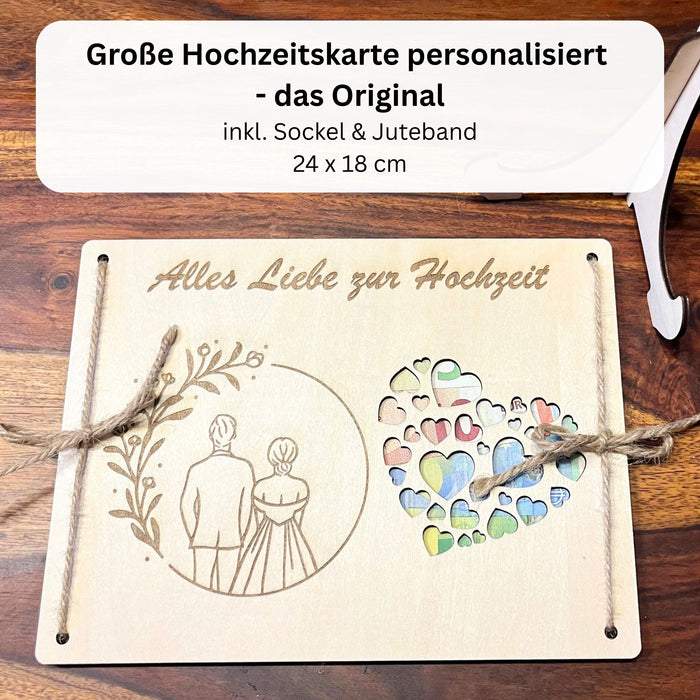 Geldgeschenk Hochzeit personalisiert – Holzkarte Brautpaar mit Namen & Datum