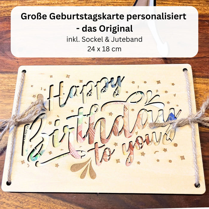 Geldgeschenk Geburtstag – Happy-Birthday-Holzkarte personalisiert
