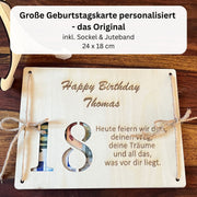 Geldgeschenk 18. Geburtstag personalisiert – moderne Holzkarte mit Namen