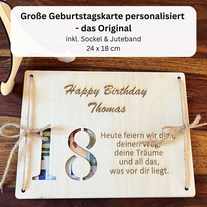 Geldgeschenk 18. Geburtstag personalisiert – moderne Holzkarte mit Namen