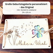 Geldgeschenk Geburtstag personalisiert – Pusteblume-Holzkarte „Make a Wish"