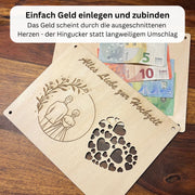 Geldgeschenk Hochzeit personalisiert – Holzkarte Brautpaar mit Namen & Datum