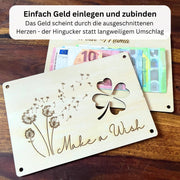 Geldgeschenk Geburtstag personalisiert – Pusteblume-Holzkarte „Make a Wish"