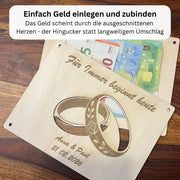 Geldgeschenk Hochzeit personalisiert – Holzkarte mit Eheringen, Namen & Datum