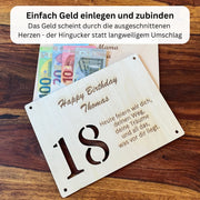 Geldgeschenk 18. Geburtstag personalisiert – moderne Holzkarte mit Namen