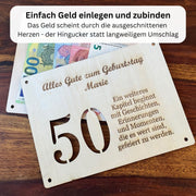 Geldgeschenk Geburtstag 50/60/70 personalisiert – Holzkarte zum Meilenstein