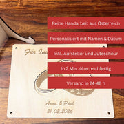 Geldgeschenk Hochzeit personalisiert – Holzkarte mit Eheringen, Namen & Datum