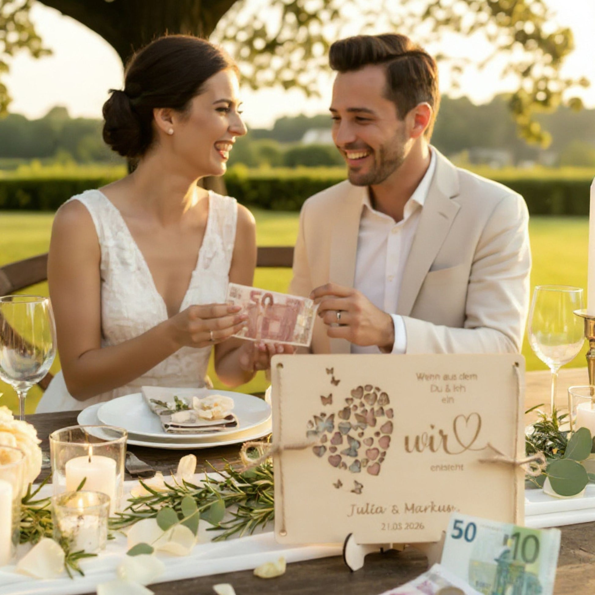 Hochzeitskarte aus Holz mit Juteband für Geldgeschenk