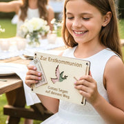 Geldgeschenk Kommunion personalisiert – Holzkarte mit Taube & Name