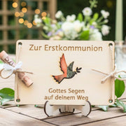 Geldgeschenk Kommunion personalisiert – Holzkarte mit Taube & Name
