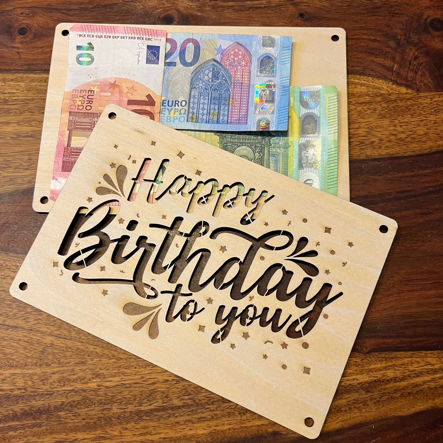 Geldgeschenk Geburtstag – Happy Birthday Karte aus Holz