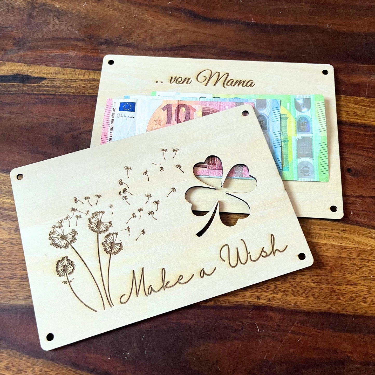 Geldgeschenk Geburtstag – „Make a Wish“ Holzkarte mit Pusteblume