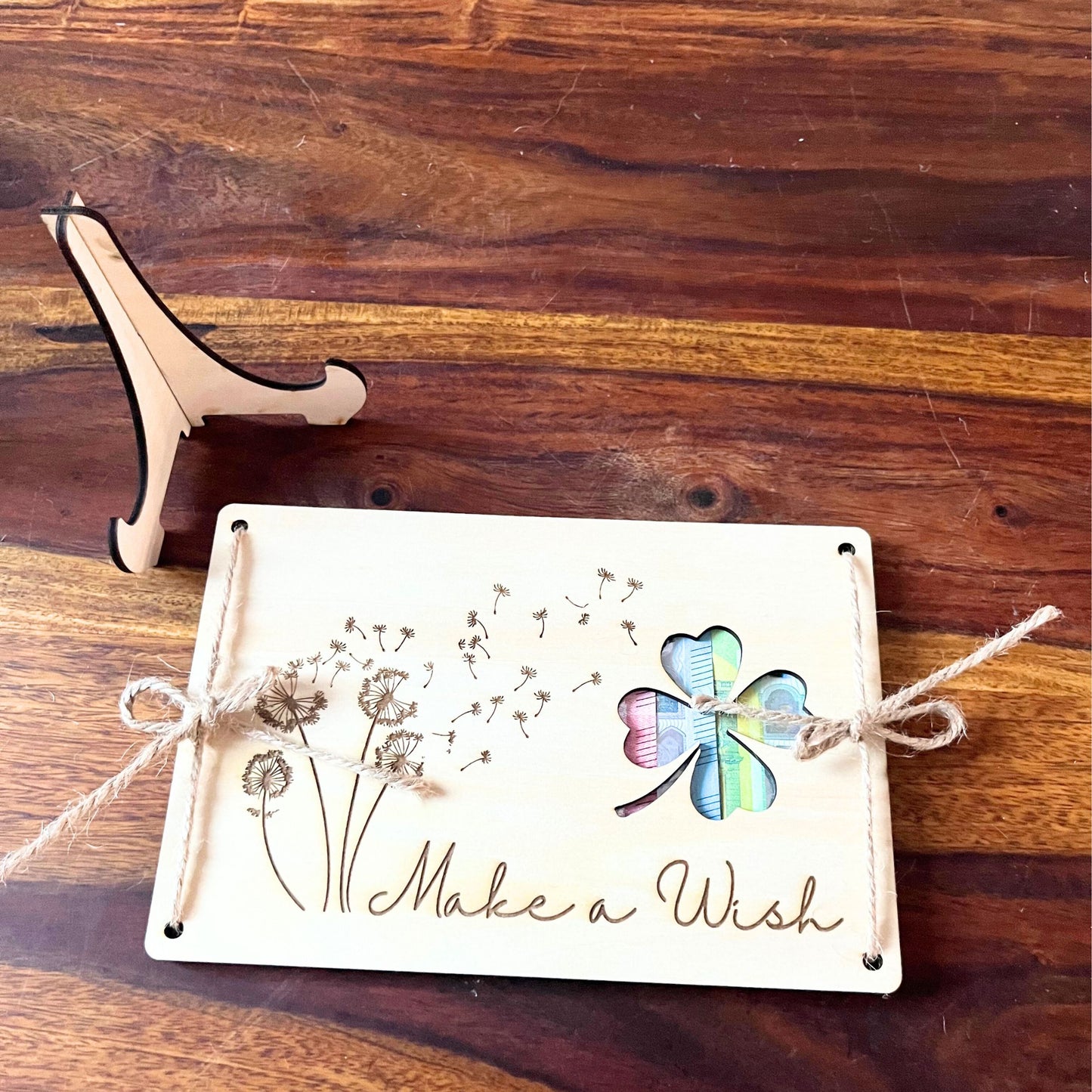 Geldgeschenk Geburtstag – „Make a Wish“ Holzkarte mit Pusteblume