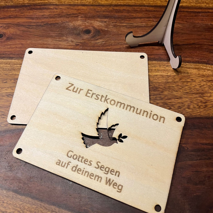 Geldgeschenk Kommunion personalisiert – Holzkarte Taube & Name
