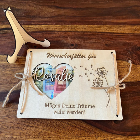 Geldgeschenk Wunscherfüller - Pusteblume aus Holz mit Name