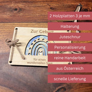 Geldgeschenk zur Geburt personalisiert – Holzkarte Regenbogen mit Namen