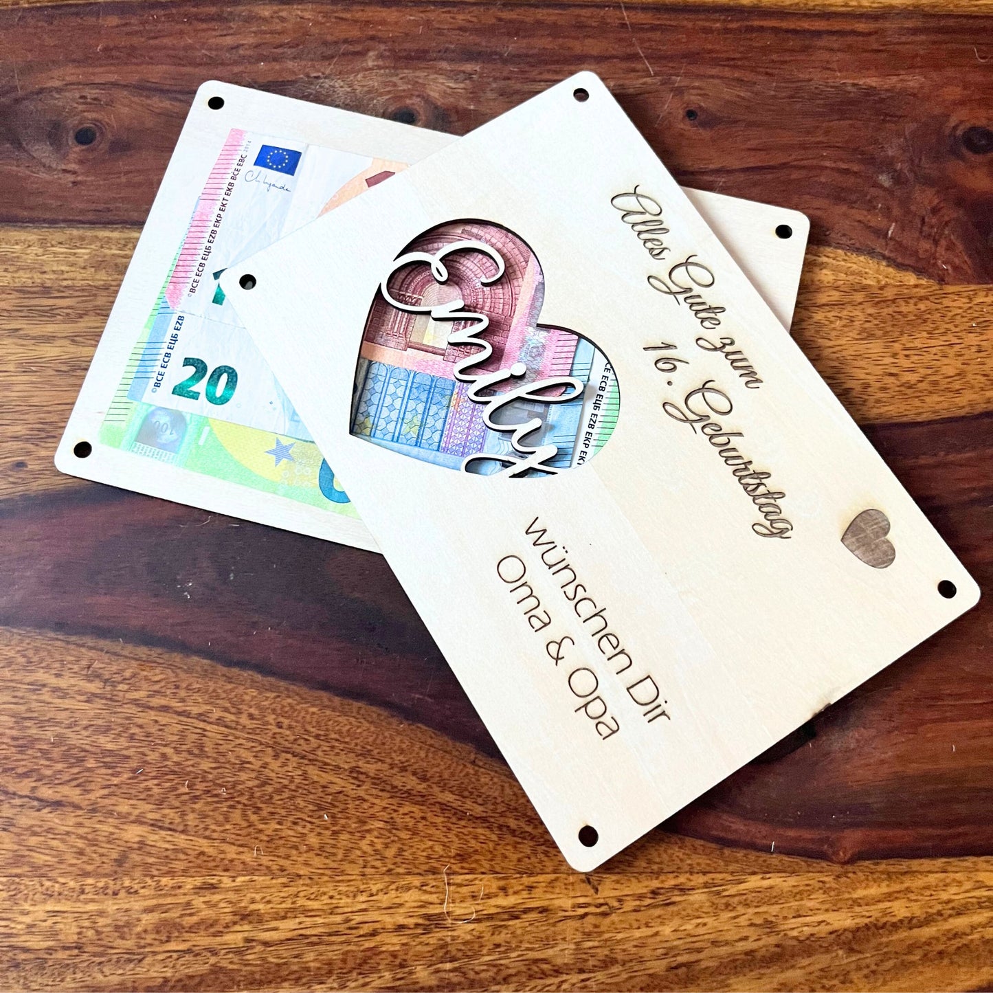 Geldgeschenk zum Geburtstag – „Alles Gute“ Holzkarte mit Name