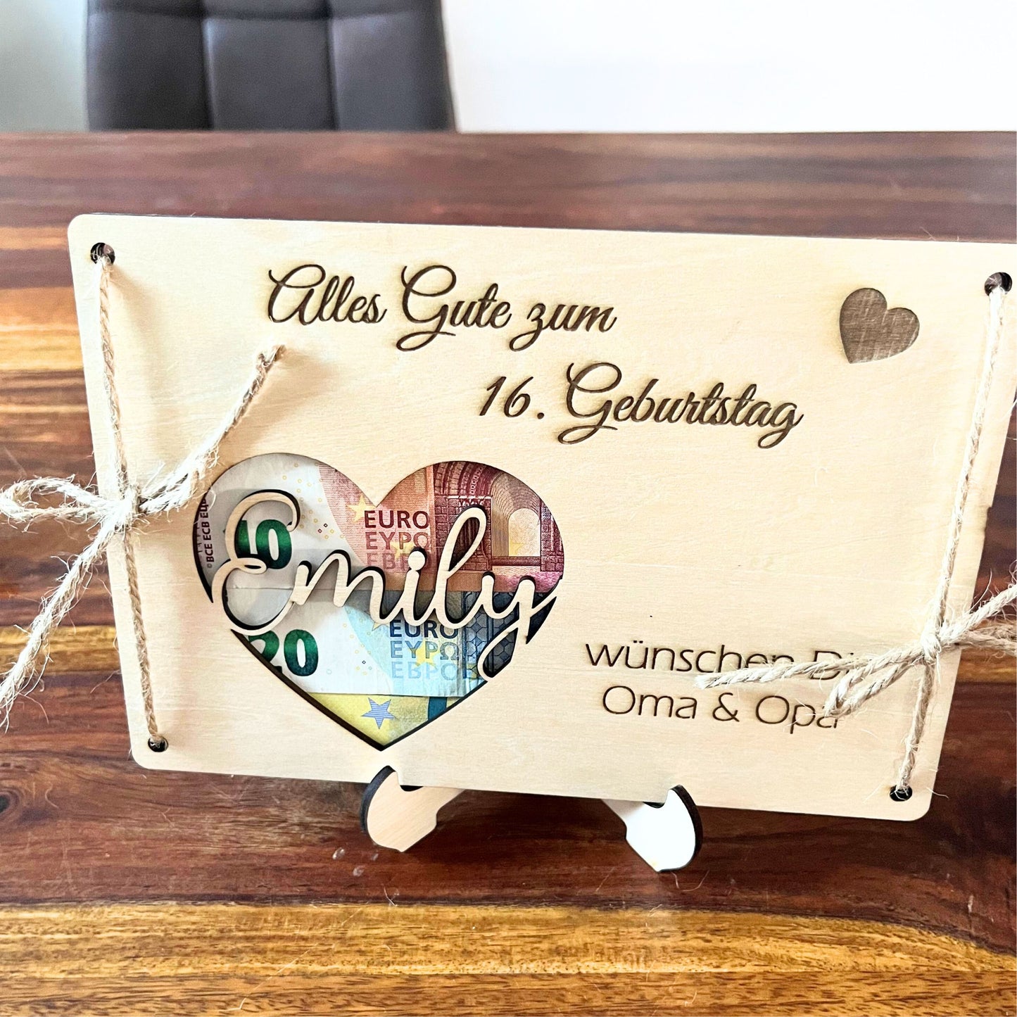 Geldgeschenk zum Geburtstag – „Alles Gute“ Holzkarte mit Name