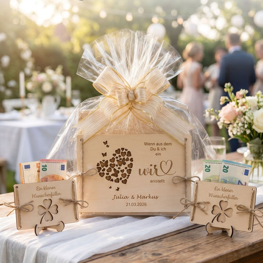 Geldgeschenk Hochzeit personalisiert – Holzkarte „Wir" mit Namen & Datum