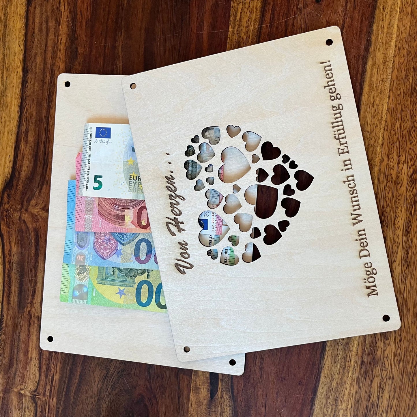 Geldgeschenk – Wunscherfüller „Von Herzen“ aus Holz